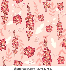 Pink seamless pattern of a floral image with gladiolus flowers and bouquets. Repeat background with garden plants and spring leaves