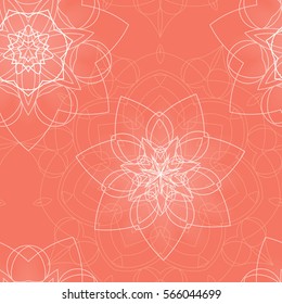 Pink seamless pattern with floral mandala. Sacred geometry. Ethnic bohemian ornament. Indian mandala background. Print for fabric and wrapping paper. Yoga, meditation theme. Vector EPS10 illustration.