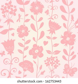 Pink seamless pattern with  flowers, butterflies and dragonflies. Light background. Endless texture can be used for wallpaper, pattern fills, web page background, surface textures.