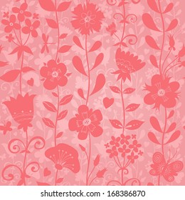 Pink seamless pattern with flowers, butterflies and dragonflies. Bright background. Endless texture can be used for wallpaper, pattern fills, web page background, surface textures.