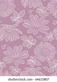 Pink seamless pattern with flowers and ladybird. Vector illustration.