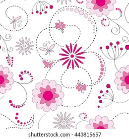 Pink seamless pattern from flowers, leaves, beads and flourishes