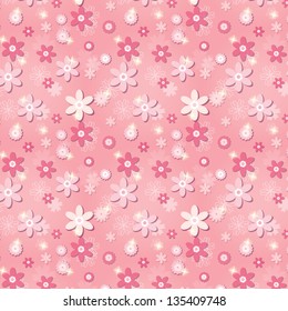 Pink seamless pattern with flowers and stars.