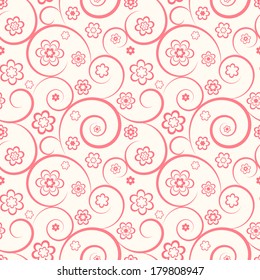 Pink seamless pattern. Flowers and swirls on white background