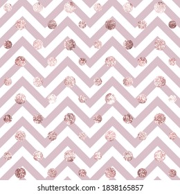 Pink seamless pattern foil. Rose gold dots. Chevron zigzag texture. Sparkle irregular dot. Golden roses scatter glitter dots. Fashion random circles, snow. Background for design gift wrappers. Vector