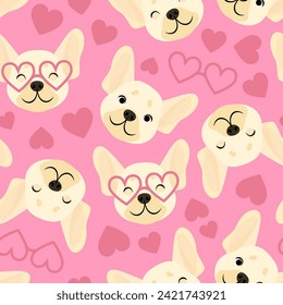 Pink seamless pattern of French bulldog heads with hearts