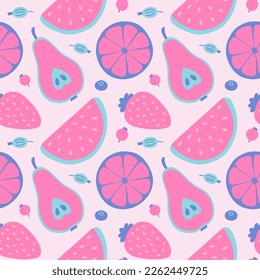 Patrón rosado sin fisuras con fruta. Papel pintado de doodle de aspecto lúdico.