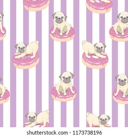 Pink seamless pattern with funny pug and donut.