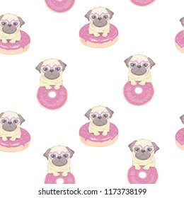 Pink seamless pattern with funny pug and donut.