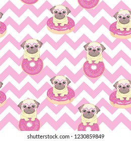 Pink seamless pattern with funny pug and donut.