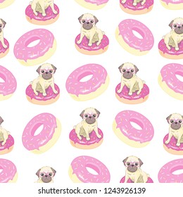 Pink seamless pattern with funny pug and donut.