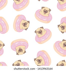 Pink seamless pattern with funny pug and donut. Illustration, vector.