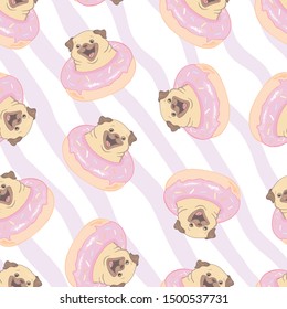 Pink seamless pattern with funny pug and donut. Illustration, vector.