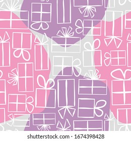 Pink Seamless pattern for gift wrapping paper. Spot Background with gift boxes with bows. Hand-drawn gift boxes in doodle style. Vector illustration