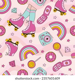 pink seamless pattern with  girl stickers,  rainbow, donut, telephone