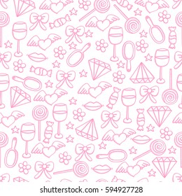 Pink seamless pattern for girls with candy, mirror, diamond, wine, lollipops, hearts, wings, bow, flowers, stars and lips. 