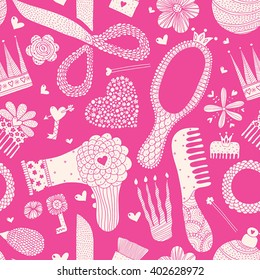 Pink seamless pattern for girls. Cosmetics, beauty, spa and symbols collection. 