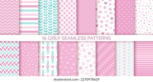 Pink seamless pattern. Girly background. Set scrapbook textures. Baby shower print with stripes, zigzag, flowers, heart and plaid. Cute pastel packing paper for scrap design. Color vector illustration