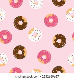 Pink seamless pattern with glazed donuts