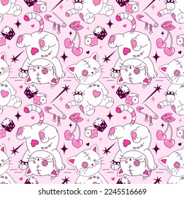 Pink seamless pattern with goth teddy kittens. Cute, glam and creepy girly background. Lovesick teen glamour backdrop with emo stuff, hearts and toys.00s, 90s concept of wired, spoiled, ragged cats