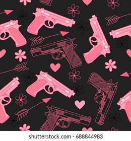 Pink seamless pattern with guns,love, arrow, hearts and flowers. Happy Valentine's Day. 