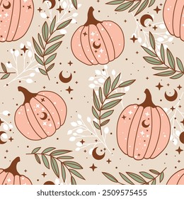 Padrão sem emenda rosa de abóboras abstratas de Halloween com folhas. Estrelas e crescente. Perfeito para outono, Halloween, feriados, tecido, têxtil.