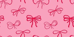 Pink seamless pattern with hand drawn bows. Vector pattern with quirky bow knots for valentine's day, birthday and wedding cards and invitations.