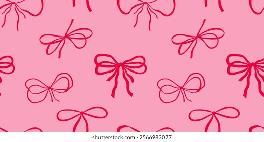 Pink seamless pattern with hand drawn bows. Vector pattern with quirky bow knots for valentine's day, birthday and wedding cards and invitations.