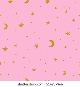Pink seamless pattern with hand drawn golden stars.