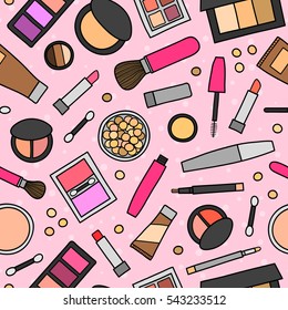 Pink seamless pattern with hand drawn decorative cosmetics.
