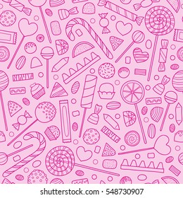 Pink seamless pattern with hand drawn outline candies.