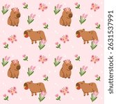 Pink Seamless Pattern Hand-Drawn Cute Capybara and flower Illustration