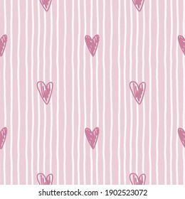 Pink seamless pattern with hand-drawn doodle hearts and white uneven stripes. Nursery cute background for kids room.