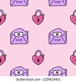 Pink seamless pattern with heart shaped lock and letters. Doodle heart wrapping paper for Valentine's Day. Romantic seamless background for holiday decor. Cute doodle illustration