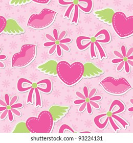 pink seamless pattern with hearts, bows and flowers