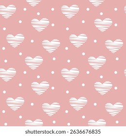 Pink seamless pattern with hearts and dots for Valentine's Day. Many hearts vector illustration. Pattern with cute white hearts for textiles, gift wrapping. Powder pink background.