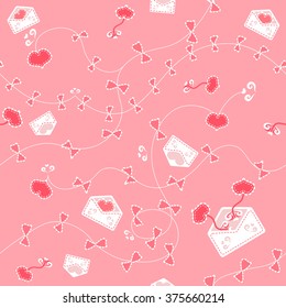 Pink seamless pattern with pink hearts, envelopes, bows and arrows