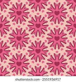 Padrão sem emenda rosa com corações e formas florais, design decorativo romântico para dia dos namorados, casamentos, envoltório de presente, têxteis, cartões ou fundos digitais