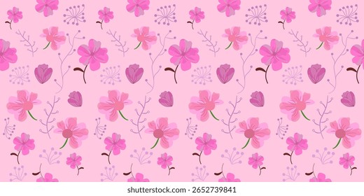 Pink seamless pattern with hearts and flowers on a soft floral background, With abstract shapes and fun decorative elements, seamless fabric pattern, fashion print with colorful abstract flowers.