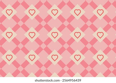 Pink seamless pattern with hearts and geometric shapes. Vector illustration for textiles, packaging, backgrounds, wallpaper.