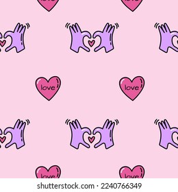 Pink seamless pattern with hearts and hands showing heart. Doodle heart wrapping paper for Valentine's Day. Romantic seamless background for holiday decor. Cute doodle illustration
