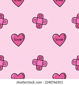 Pink seamless pattern with hearts and plaster. Doodle heart wrapping paper for Valentine's Day. Romantic seamless background for holiday decor. Cute doodle illustration. Love and romantic concept
