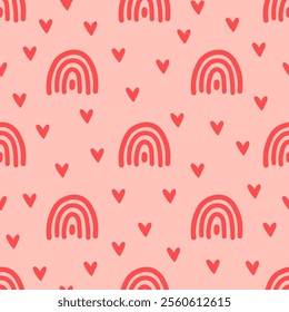 Pink seamless pattern with hearts and rainbows
