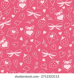 Patrón transparente rosa con corazones, fresas, lazos, sobres y flores para el día de San Valentín. Concepto de fondo romántico para una tarjeta de felicitación. Vector.