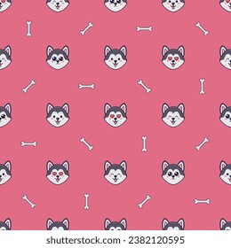 Pink seamless pattern of husky dogs and dog bones. Vector flat illustration