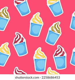 Pink seamless pattern ice cream in a blue cup. Vector stock illustration. Kartun. Food and sweetness. For children. Cover print