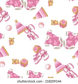 Pink seamless pattern with items for newborn baby