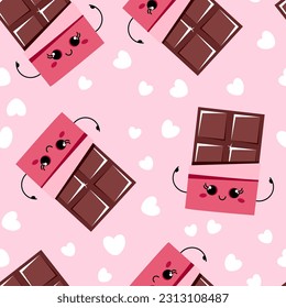 Pink seamless pattern of kawaii chocolate bars and white hearts for World Chocolate Day