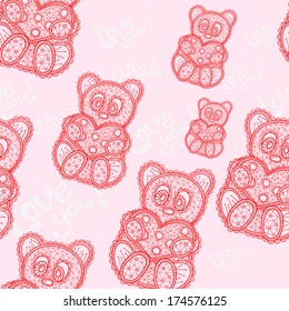 Pink seamless pattern with lacy bears and text