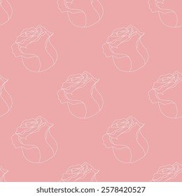 Pink seamless pattern with line art roses. Floral elegant background. Vector design